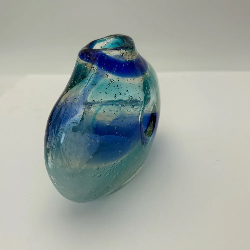 Vintage Blue and Clear Swirl  Glass Donut Vase